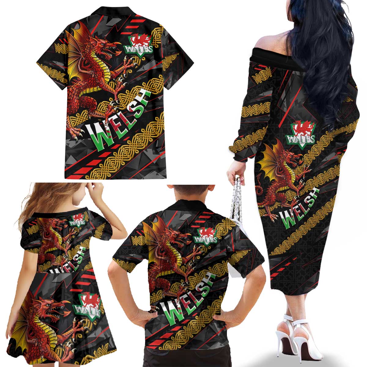 Welsh Celtic Family Matching Off The Shoulder Long Sleeve Dress and Hawaiian Shirt Wales Y Ddraig Goch with Celtic Knot Sporty - Wonder Print Shop
