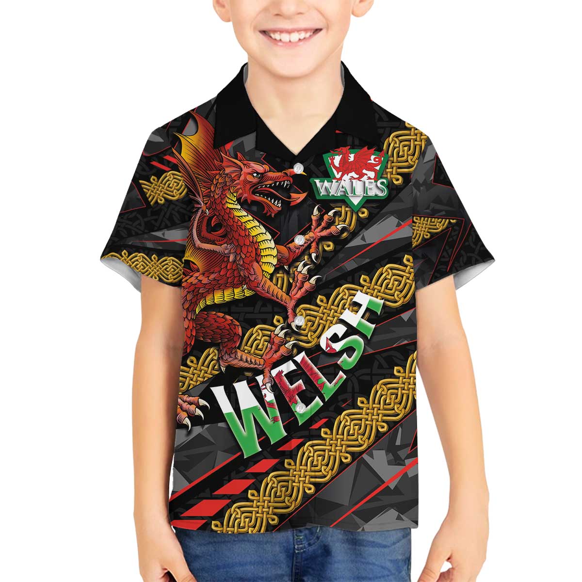 Welsh Celtic Family Matching Off The Shoulder Long Sleeve Dress and Hawaiian Shirt Wales Y Ddraig Goch with Celtic Knot Sporty - Wonder Print Shop