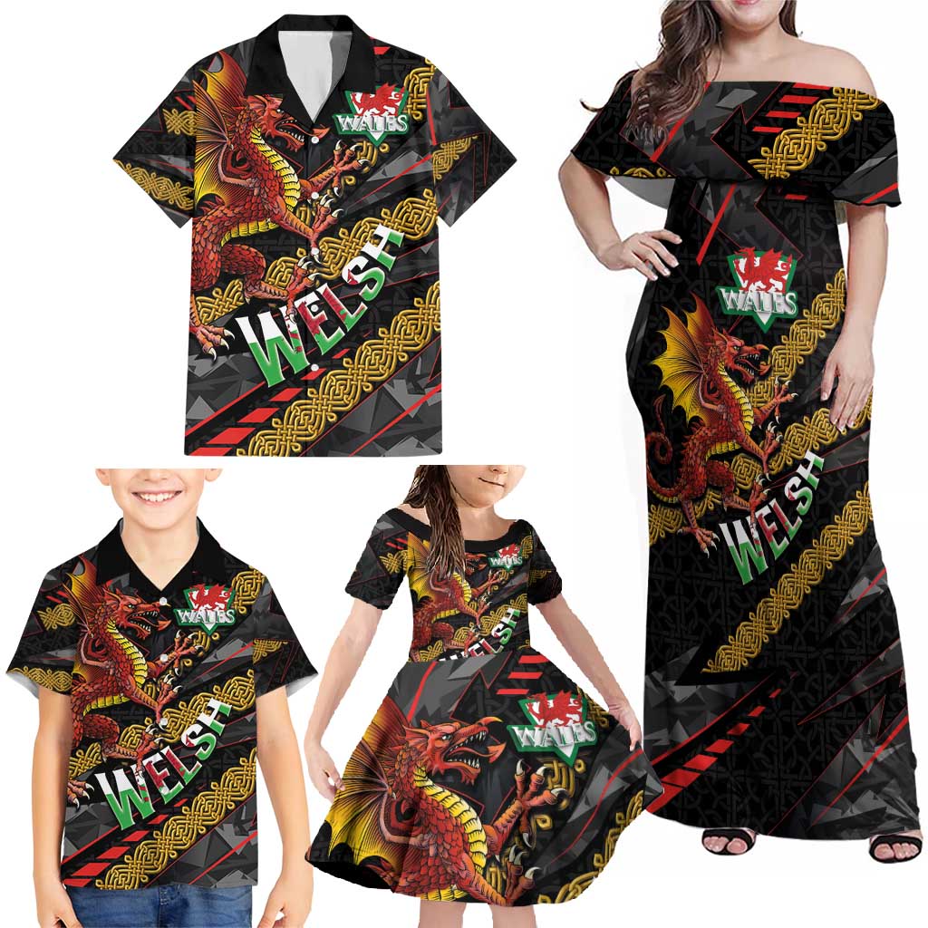 Welsh Celtic Family Matching Off Shoulder Maxi Dress and Hawaiian Shirt Wales Y Ddraig Goch with Celtic Knot Sporty - Wonder Print Shop