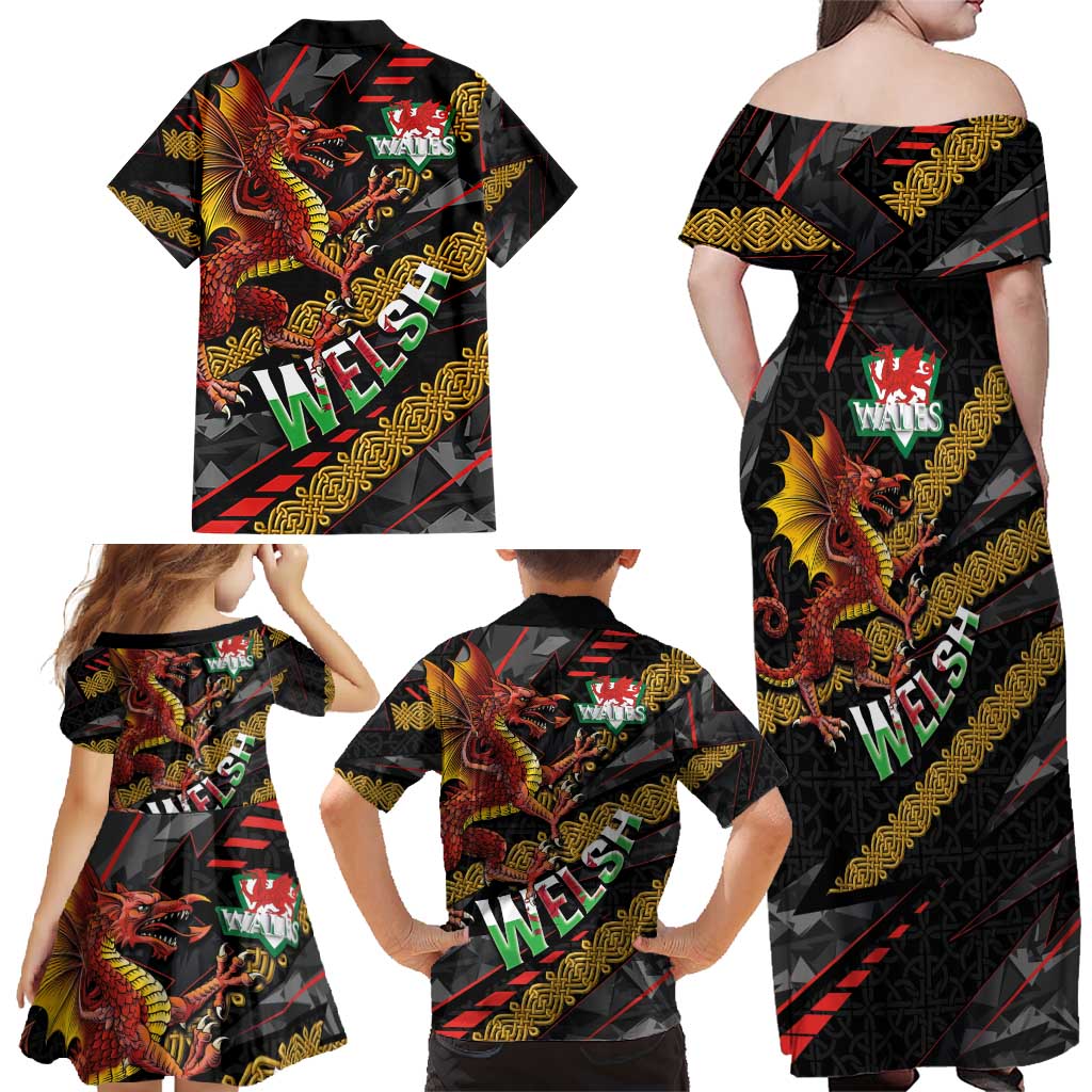 Welsh Celtic Family Matching Off Shoulder Maxi Dress and Hawaiian Shirt Wales Y Ddraig Goch with Celtic Knot Sporty - Wonder Print Shop