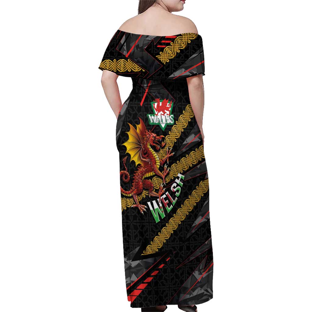 Welsh Celtic Family Matching Off Shoulder Maxi Dress and Hawaiian Shirt Wales Y Ddraig Goch with Celtic Knot Sporty - Wonder Print Shop
