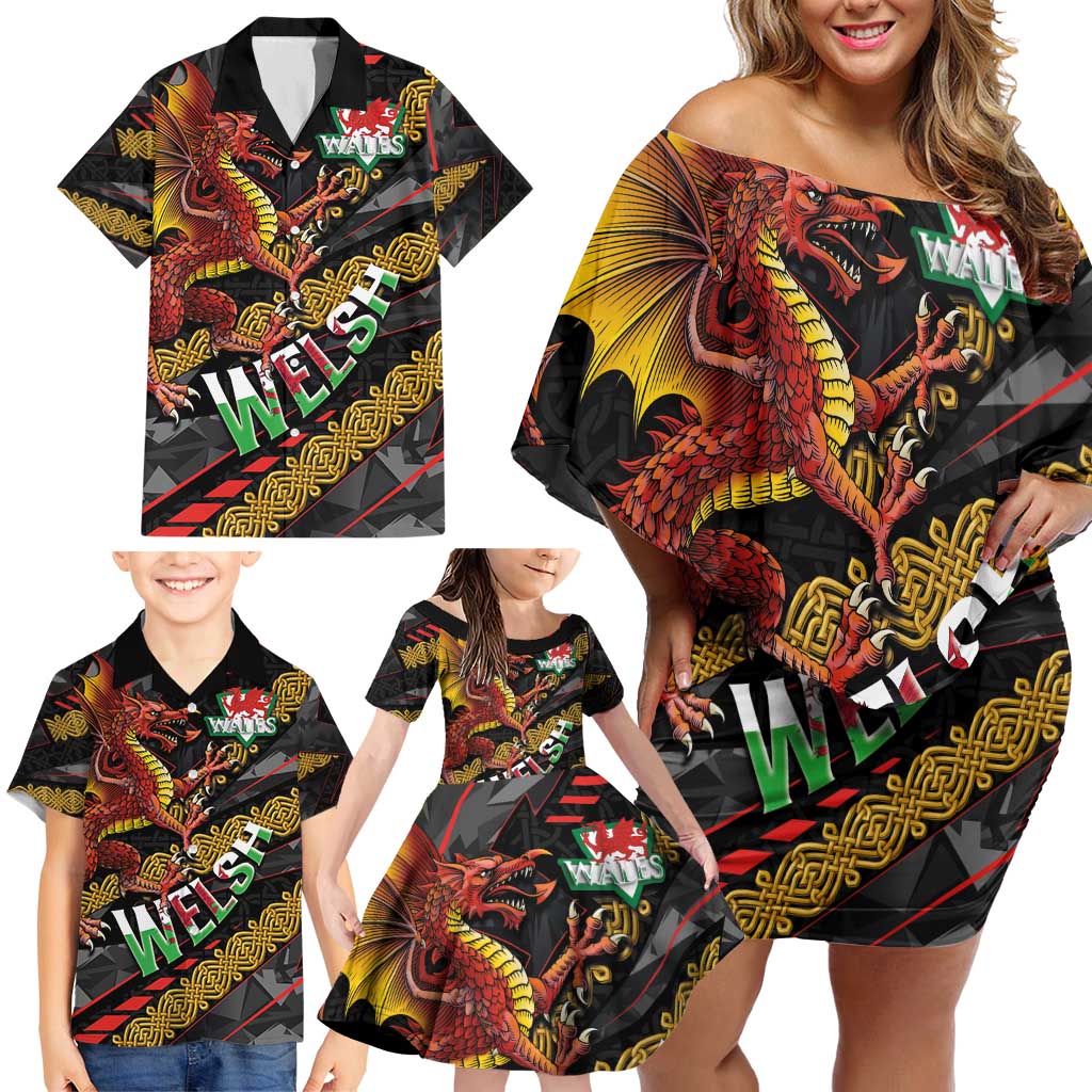 Welsh Celtic Family Matching Off Shoulder Short Dress and Hawaiian Shirt Wales Y Ddraig Goch with Celtic Knot Sporty - Wonder Print Shop