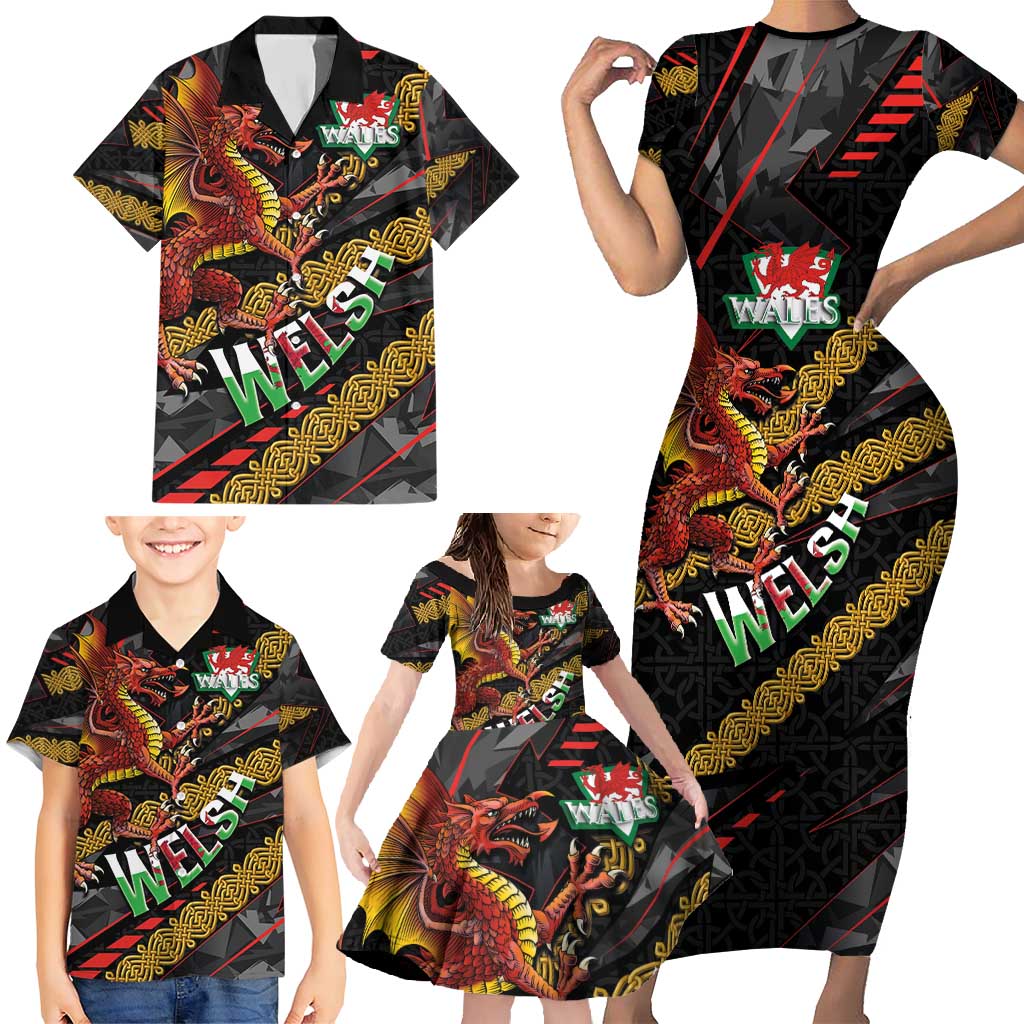 Welsh Celtic Family Matching Short Sleeve Bodycon Dress and Hawaiian Shirt Wales Y Ddraig Goch with Celtic Knot Sporty - Wonder Print Shop