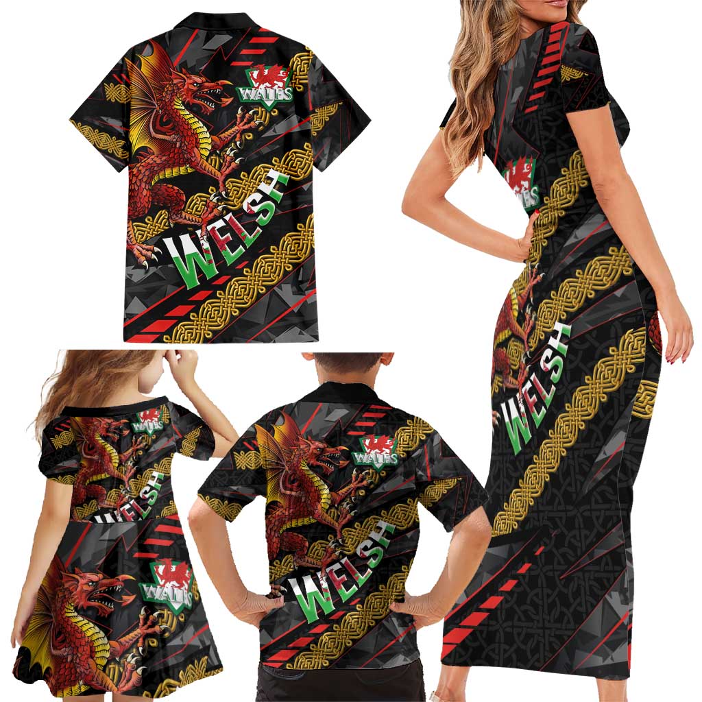 Welsh Celtic Family Matching Short Sleeve Bodycon Dress and Hawaiian Shirt Wales Y Ddraig Goch with Celtic Knot Sporty - Wonder Print Shop