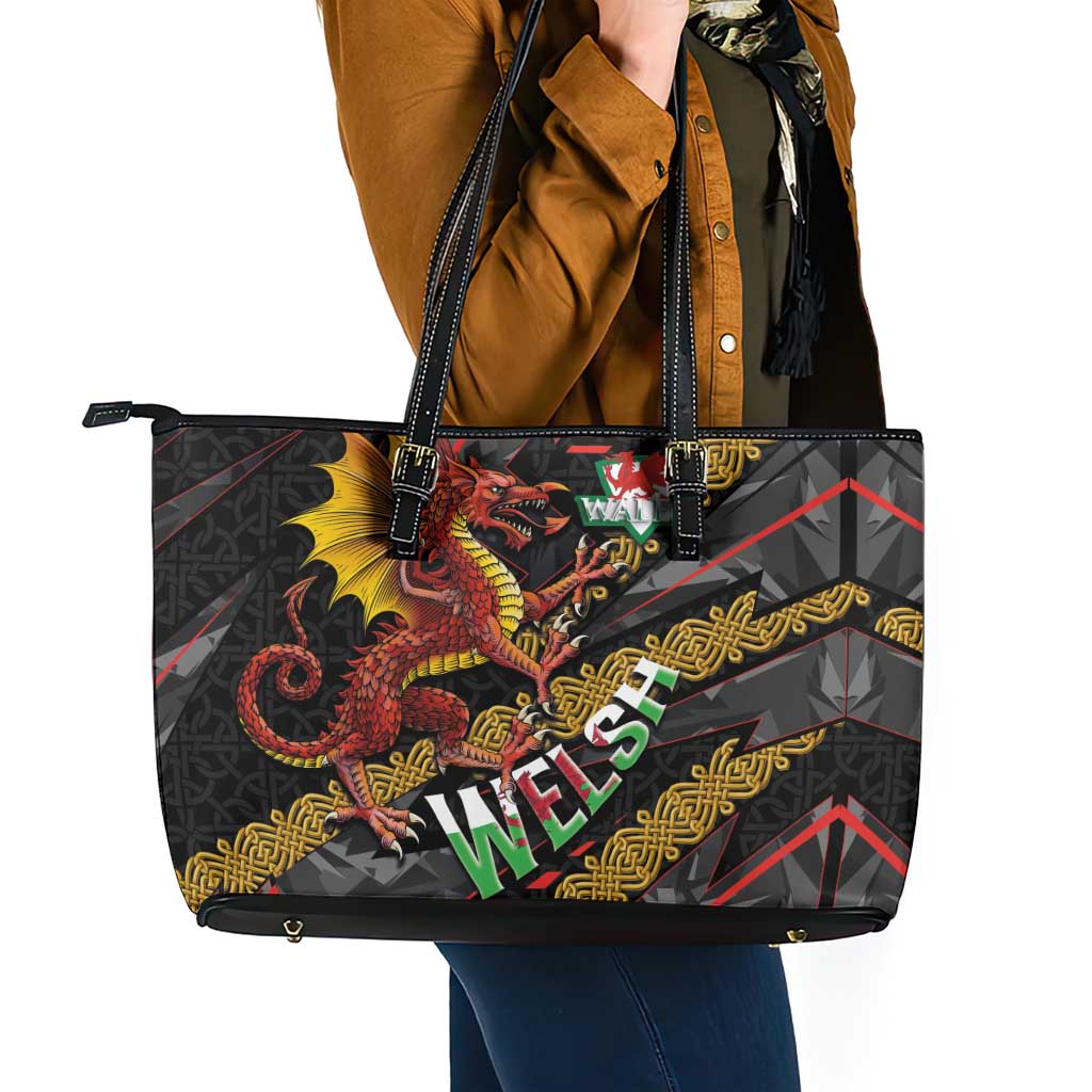 Welsh Celtic Leather Tote Bag Wales Y Ddraig Goch with Celtic Knot Sporty - Wonder Print Shop