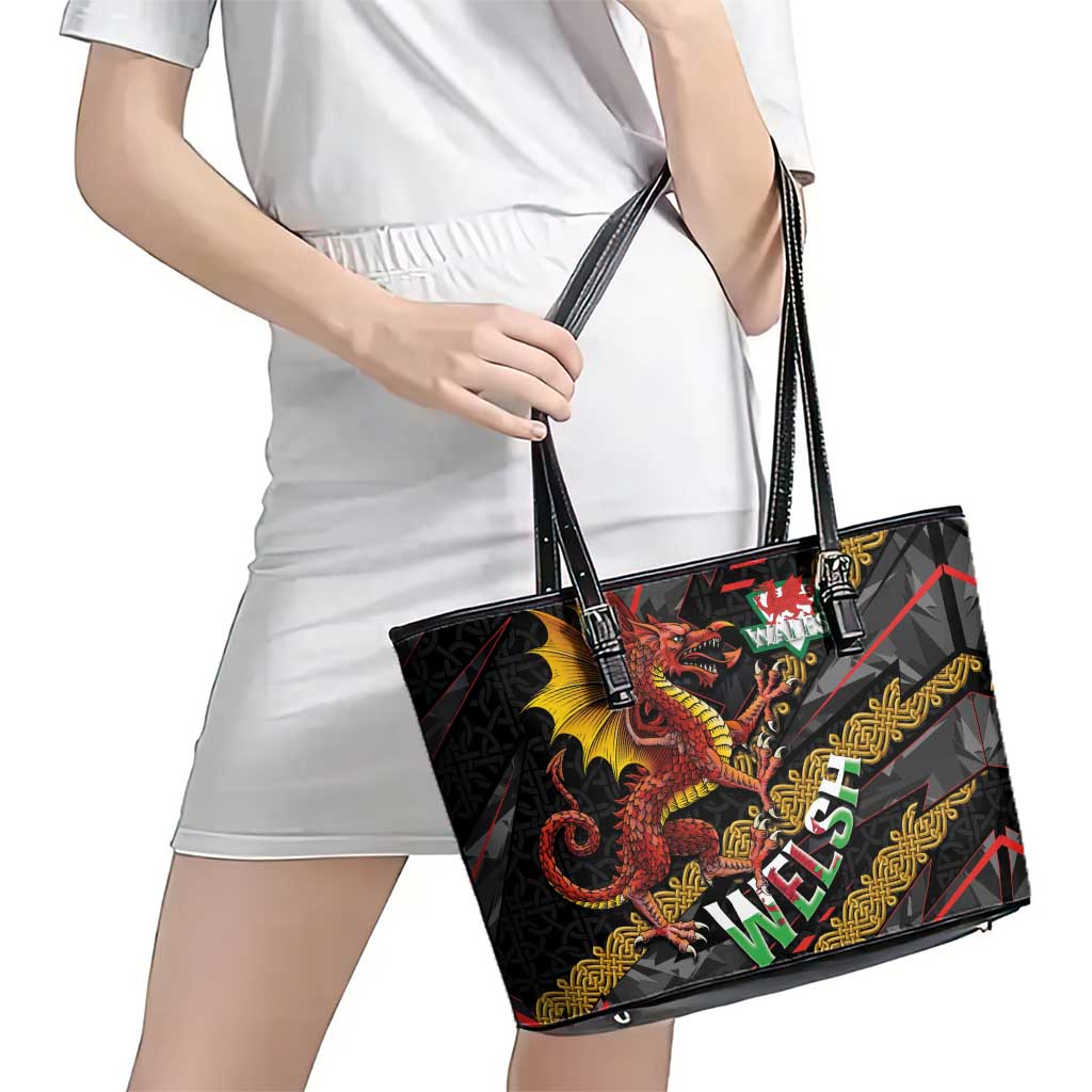 Welsh Celtic Leather Tote Bag Wales Y Ddraig Goch with Celtic Knot Sporty - Wonder Print Shop