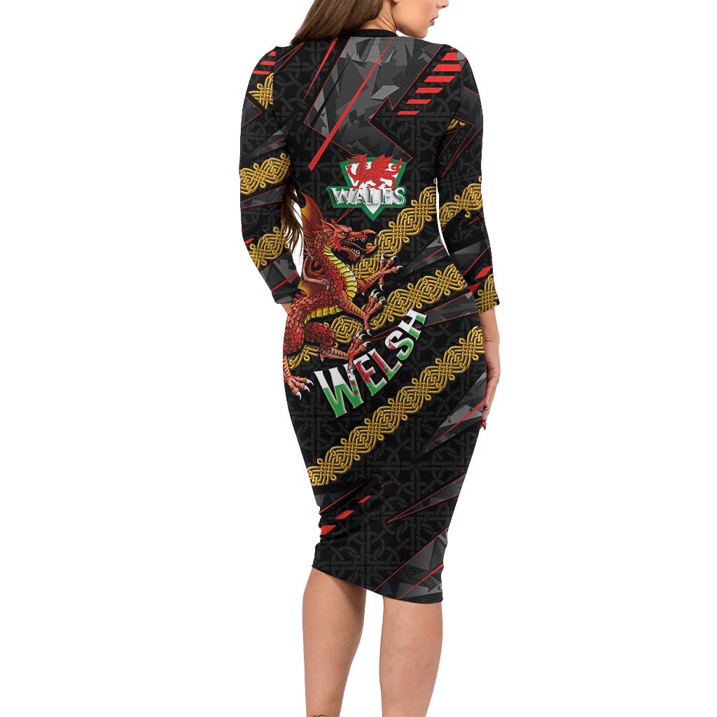Welsh Celtic Long Sleeve Bodycon Dress Wales Y Ddraig Goch with Celtic Knot Sporty - Wonder Print Shop