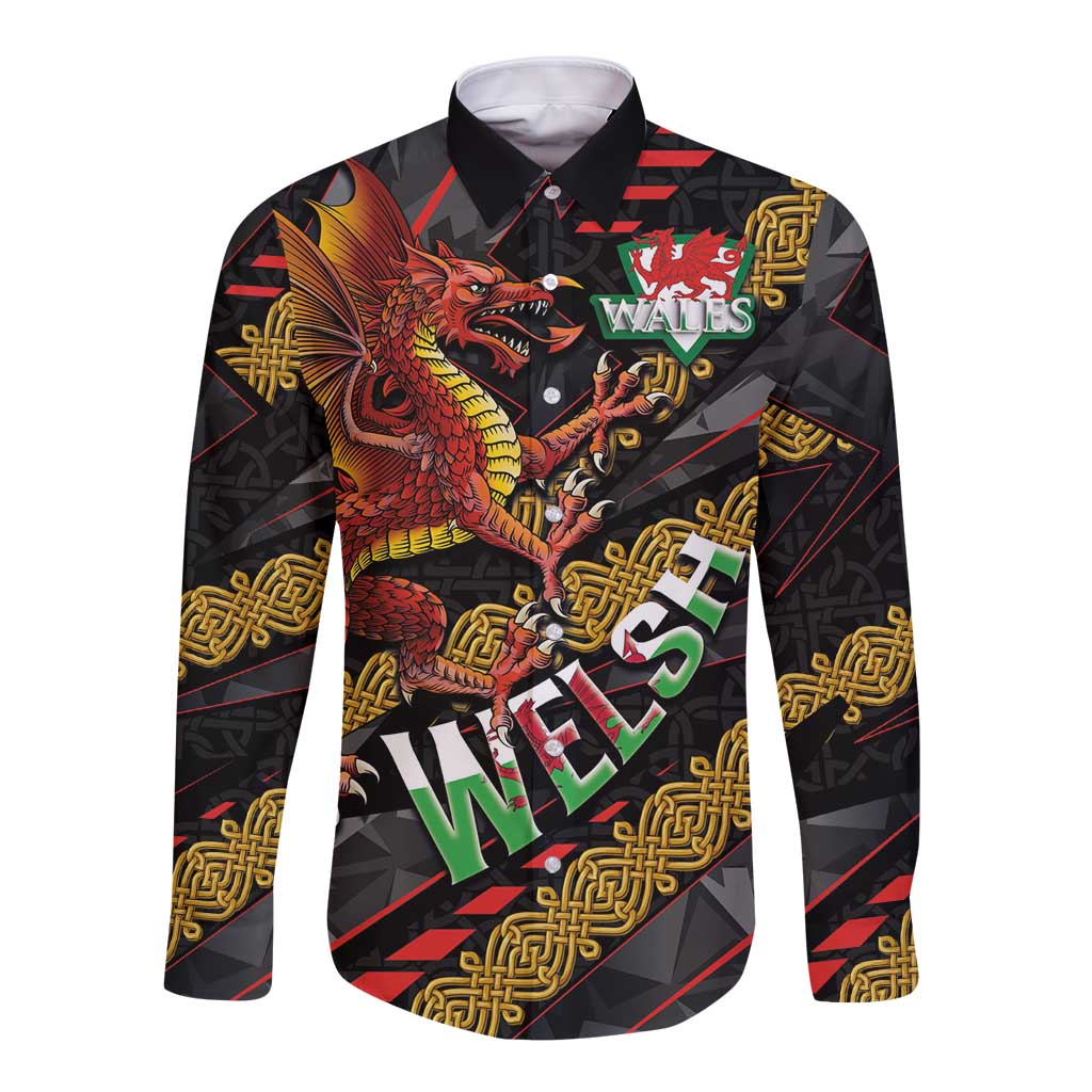Welsh Celtic Long Sleeve Button Shirt Wales Y Ddraig Goch with Celtic Knot Sporty - Wonder Print Shop