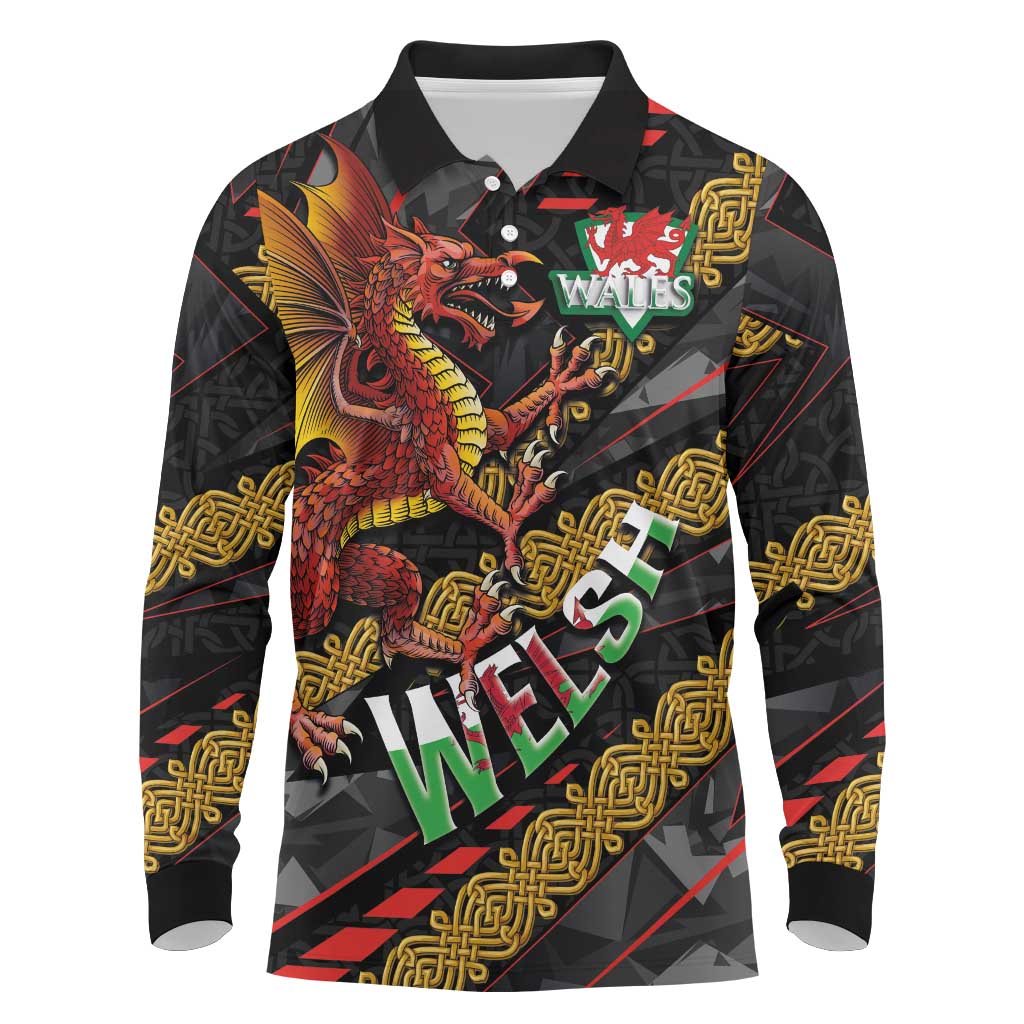 Welsh Celtic Long Sleeve Polo Shirt Wales Y Ddraig Goch with Celtic Knot Sporty - Wonder Print Shop
