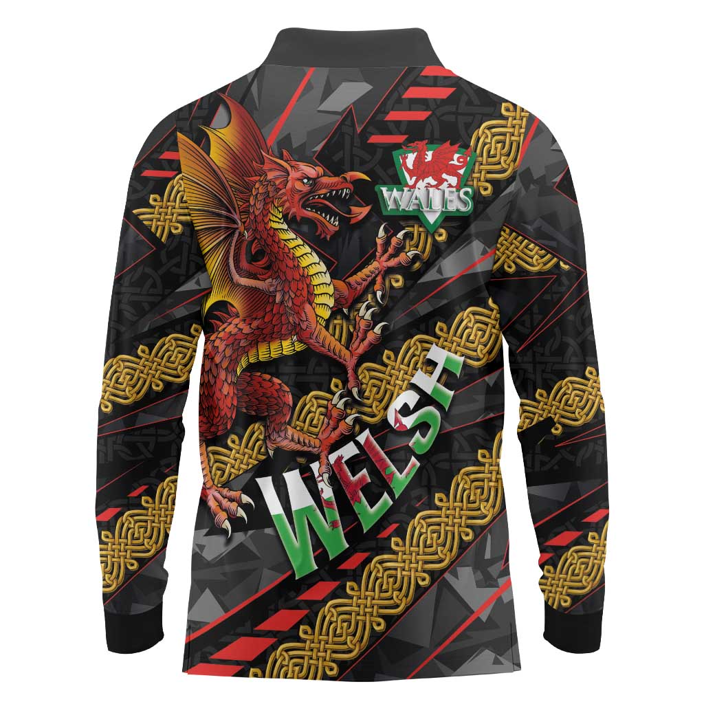 Welsh Celtic Long Sleeve Polo Shirt Wales Y Ddraig Goch with Celtic Knot Sporty - Wonder Print Shop