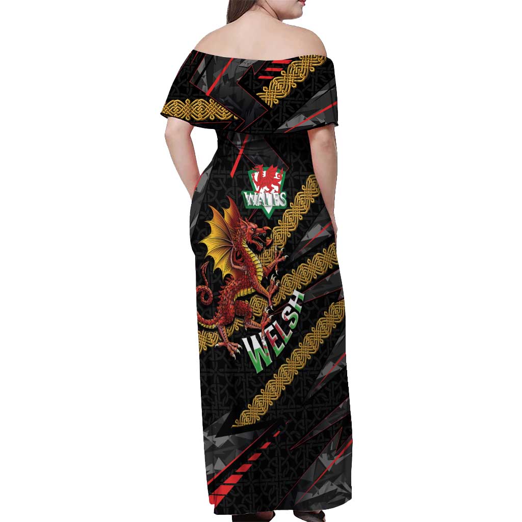 Welsh Celtic Off Shoulder Maxi Dress Wales Y Ddraig Goch with Celtic Knot Sporty - Wonder Print Shop