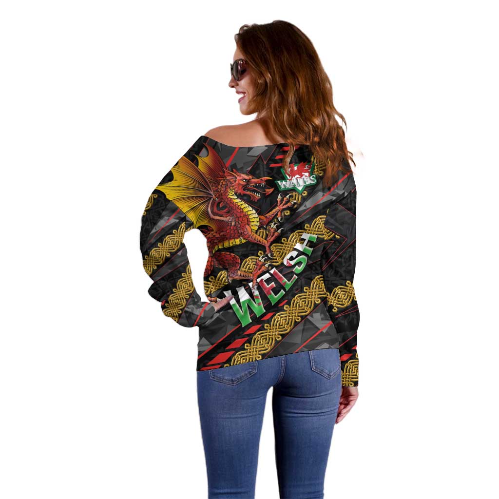 Welsh Celtic Off Shoulder Sweater Wales Y Ddraig Goch with Celtic Knot Sporty - Wonder Print Shop