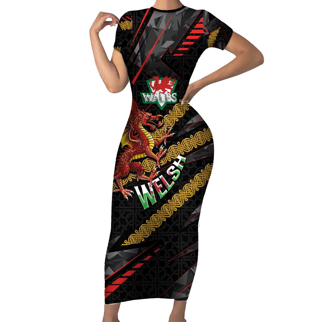 Welsh Celtic Short Sleeve Bodycon Dress Wales Y Ddraig Goch with Celtic Knot Sporty - Wonder Print Shop