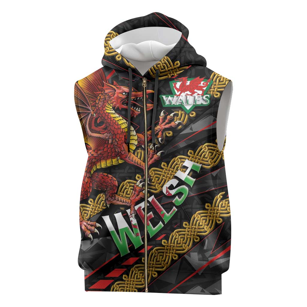 Welsh Celtic Sleeveless Zip Hoodie Wales Y Ddraig Goch with Celtic Knot Sporty - Wonder Print Shop