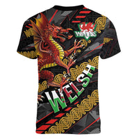 Welsh Celtic Women V-Neck T-Shirt Wales Y Ddraig Goch with Celtic Knot Sporty - Wonder Print Shop