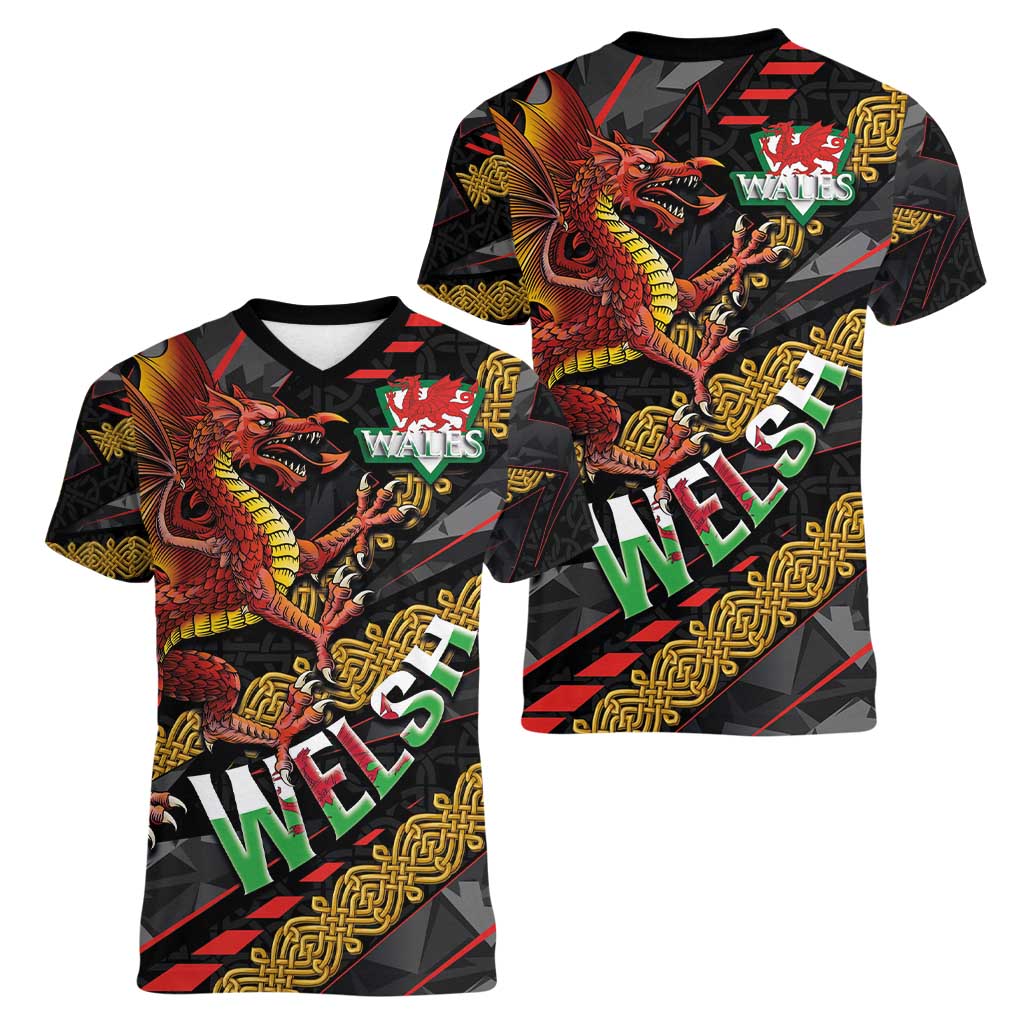 Welsh Celtic Women V-Neck T-Shirt Wales Y Ddraig Goch with Celtic Knot Sporty - Wonder Print Shop
