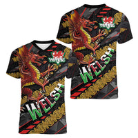 Welsh Celtic Women V-Neck T-Shirt Wales Y Ddraig Goch with Celtic Knot Sporty - Wonder Print Shop