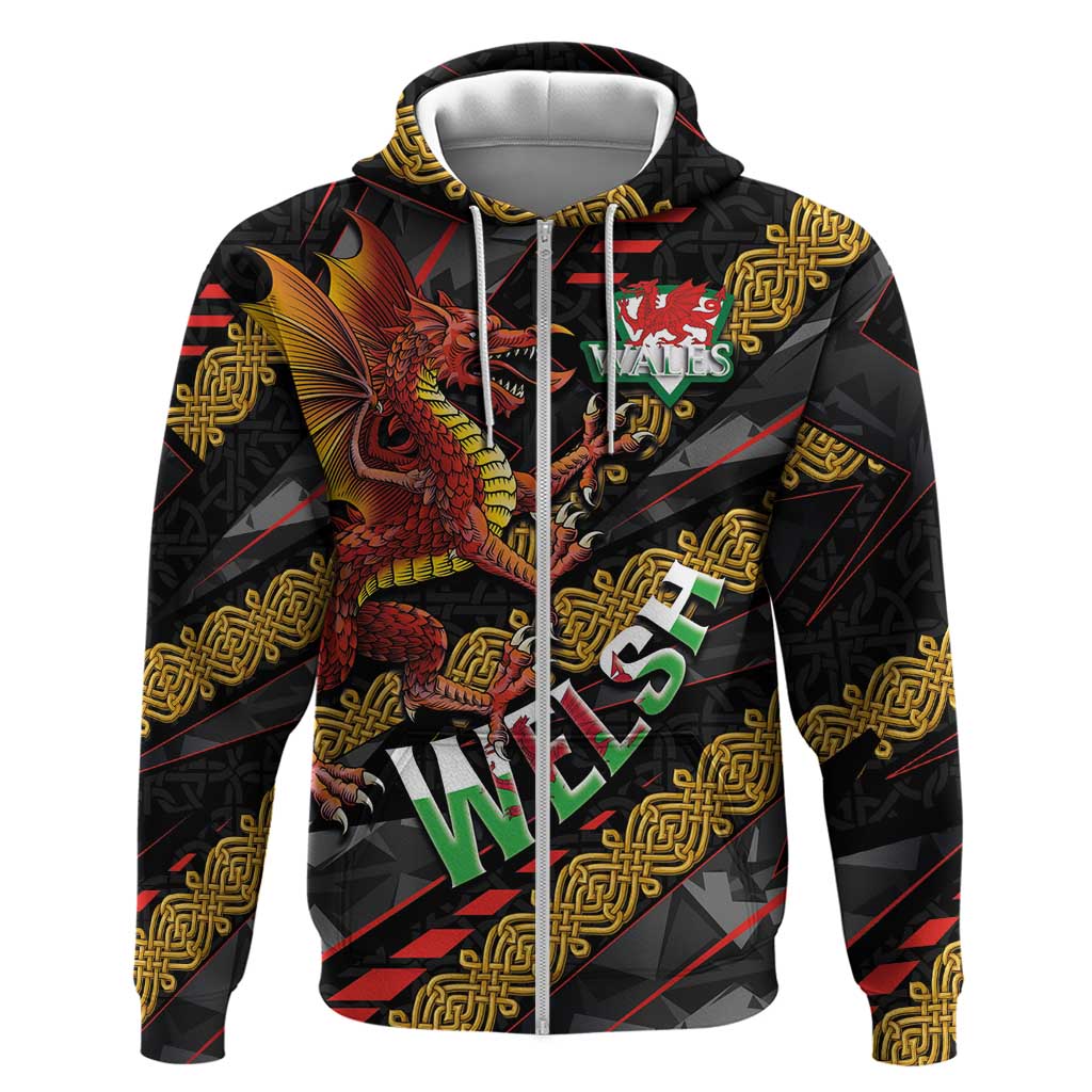 Welsh Celtic Zip Hoodie Wales Y Ddraig Goch with Celtic Knot Sporty - Wonder Print Shop