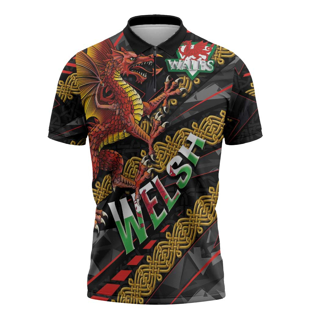 Welsh Celtic Zipper Polo Shirt Wales Y Ddraig Goch with Celtic Knot Sporty - Wonder Print Shop