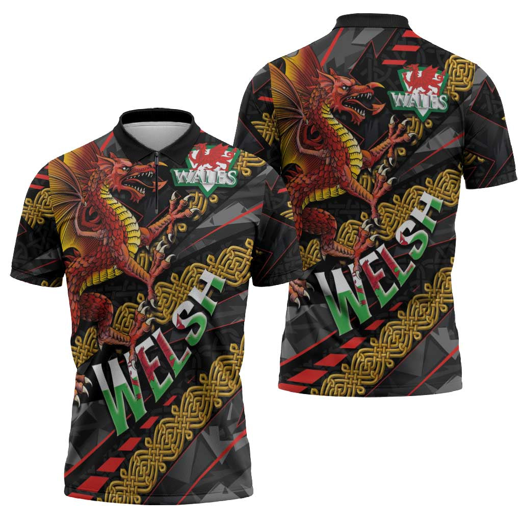Welsh Celtic Zipper Polo Shirt Wales Y Ddraig Goch with Celtic Knot Sporty - Wonder Print Shop