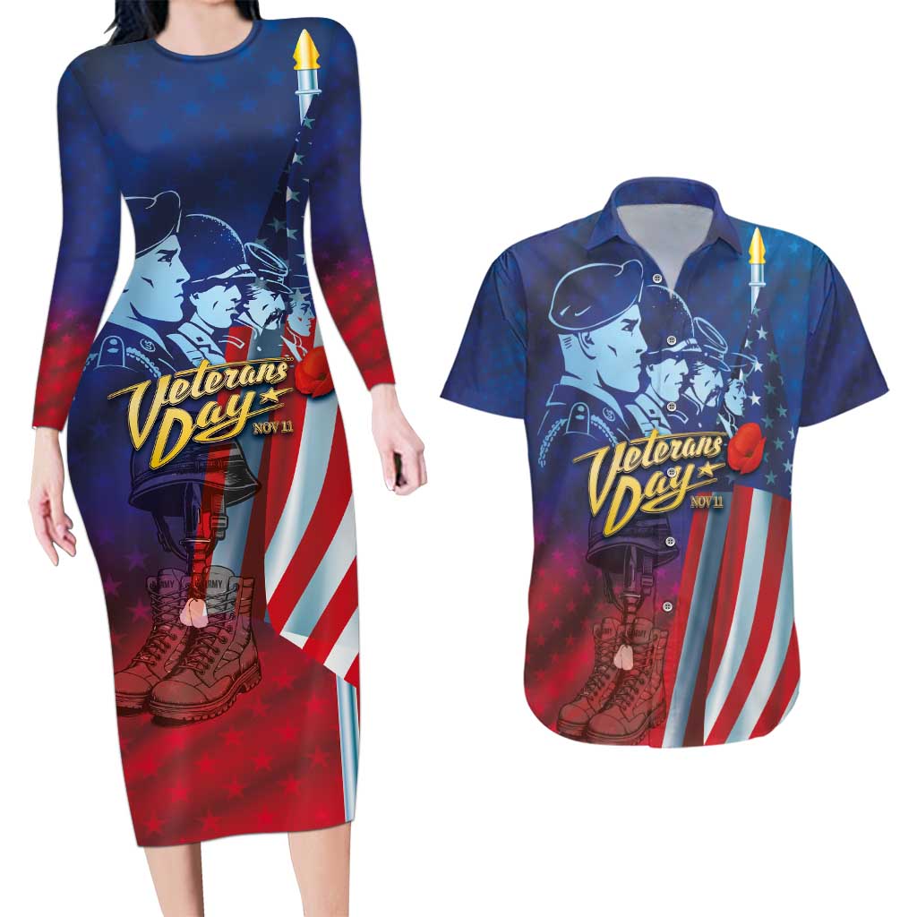 Veterans Day Military Never Forget Forever Honor Couples Matching Long Sleeve Bodycon Dress and Hawaiian Shirt - Wonder Print Shop