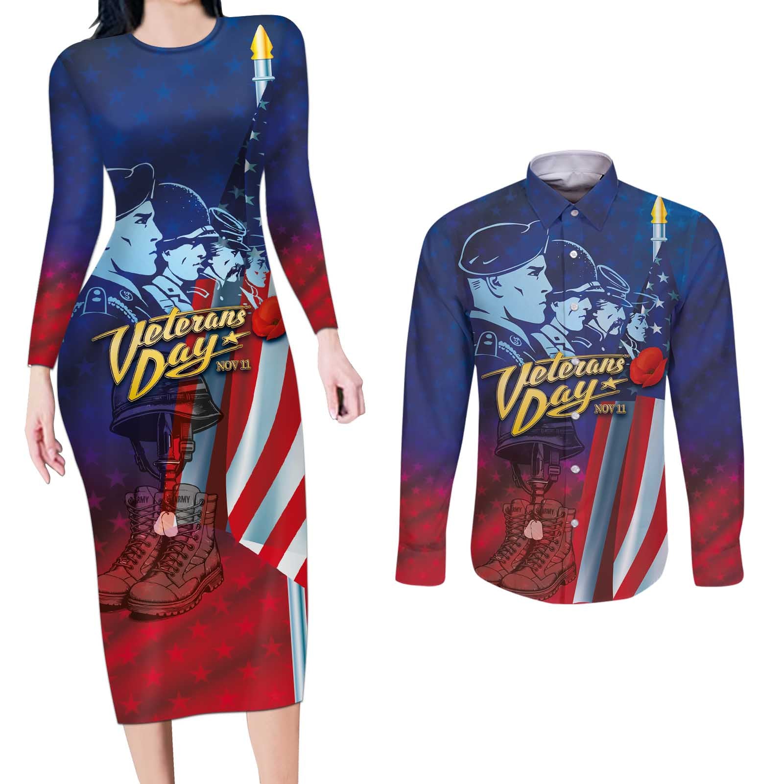 Veterans Day Military Never Forget Forever Honor Couples Matching Long Sleeve Bodycon Dress and Long Sleeve Button Shirt - Wonder Print Shop