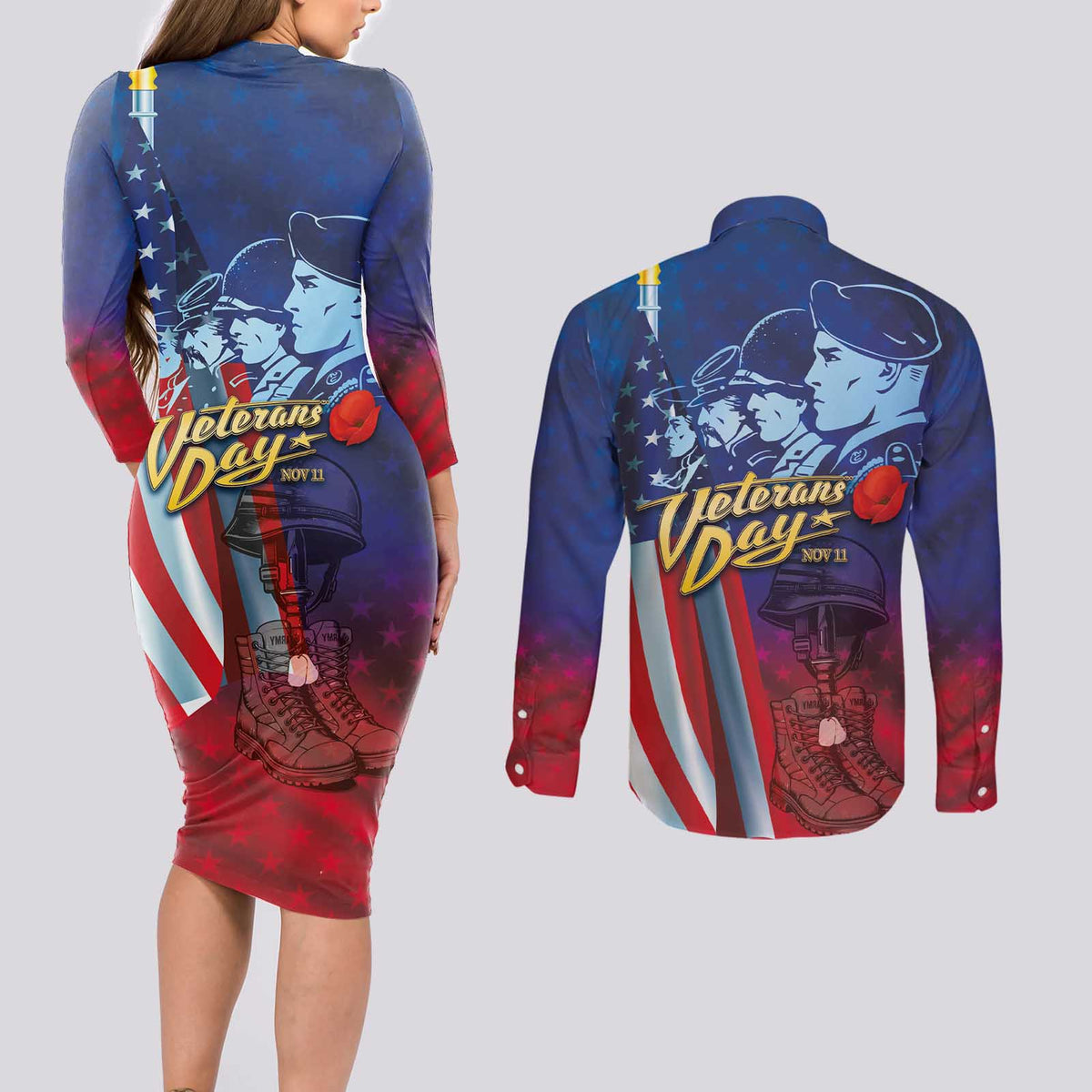 Veterans Day Military Never Forget Forever Honor Couples Matching Long Sleeve Bodycon Dress and Long Sleeve Button Shirt - Wonder Print Shop