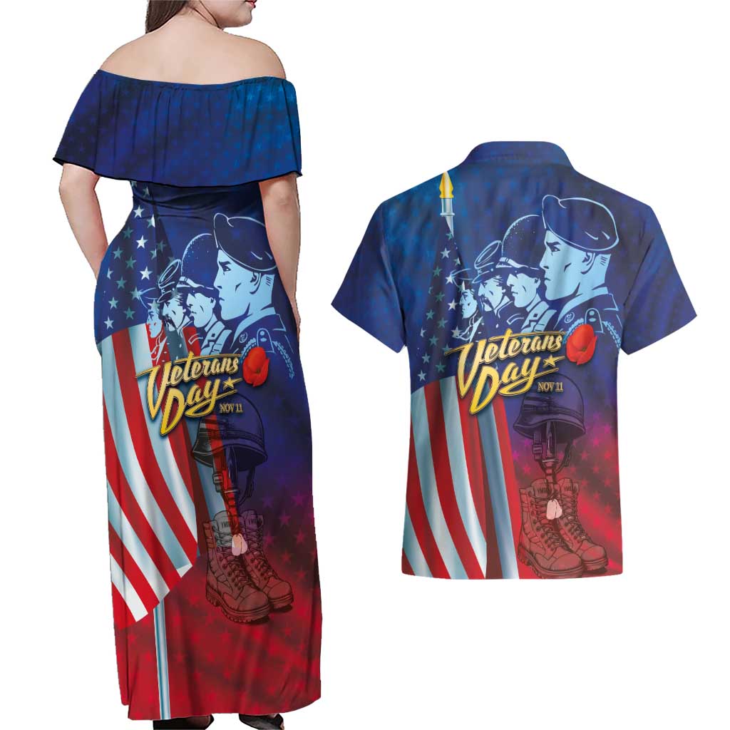 Veterans Day Military Never Forget Forever Honor Couples Matching Off Shoulder Maxi Dress and Hawaiian Shirt - Wonder Print Shop
