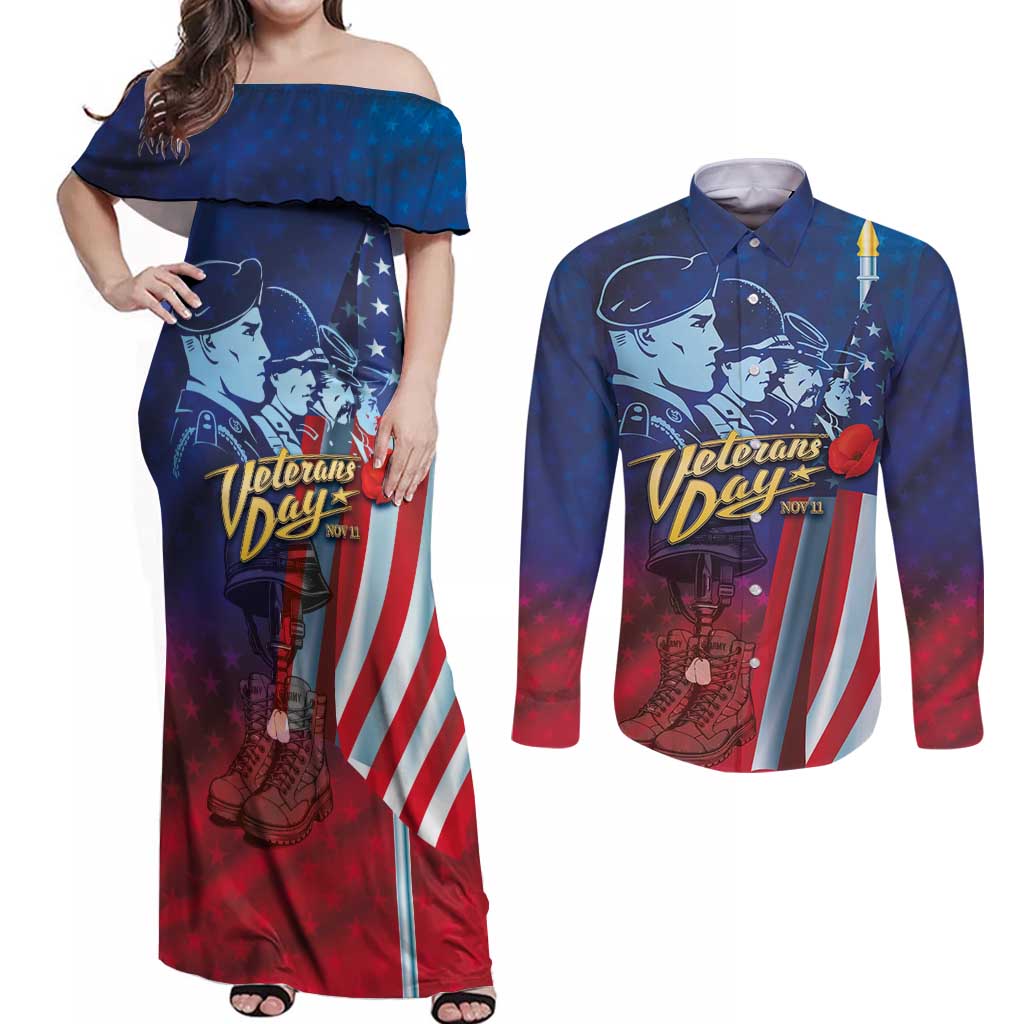 Veterans Day Military Never Forget Forever Honor Couples Matching Off Shoulder Maxi Dress and Long Sleeve Button Shirt - Wonder Print Shop