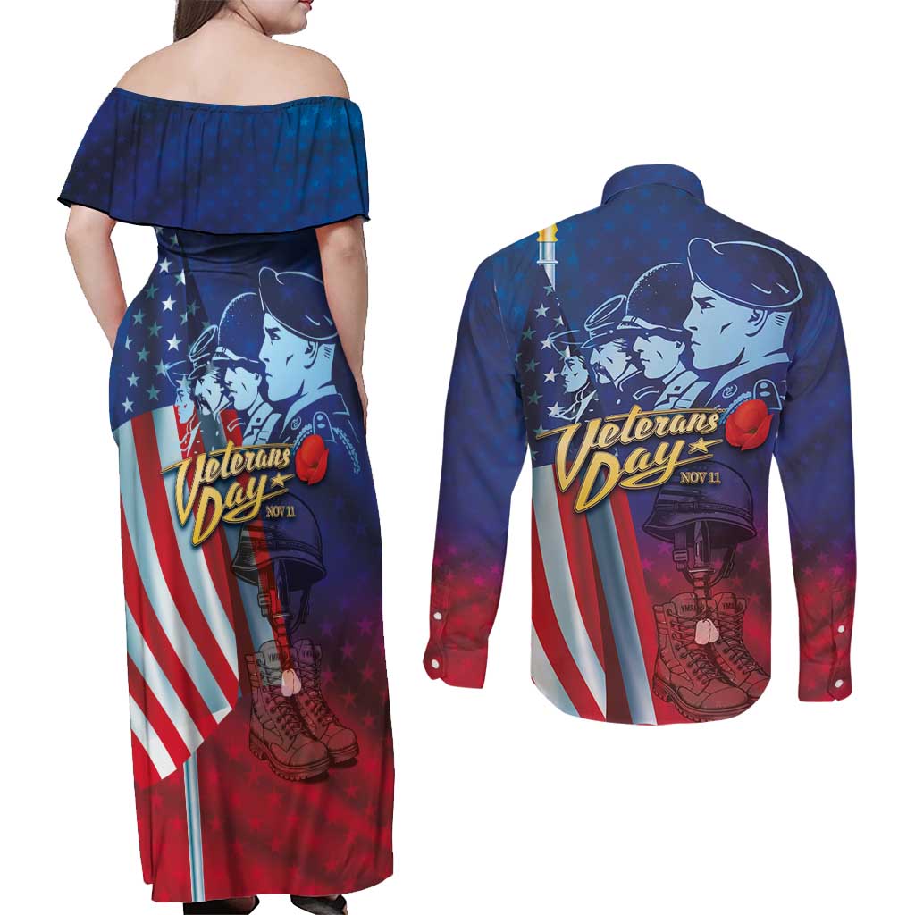 Veterans Day Military Never Forget Forever Honor Couples Matching Off Shoulder Maxi Dress and Long Sleeve Button Shirt - Wonder Print Shop