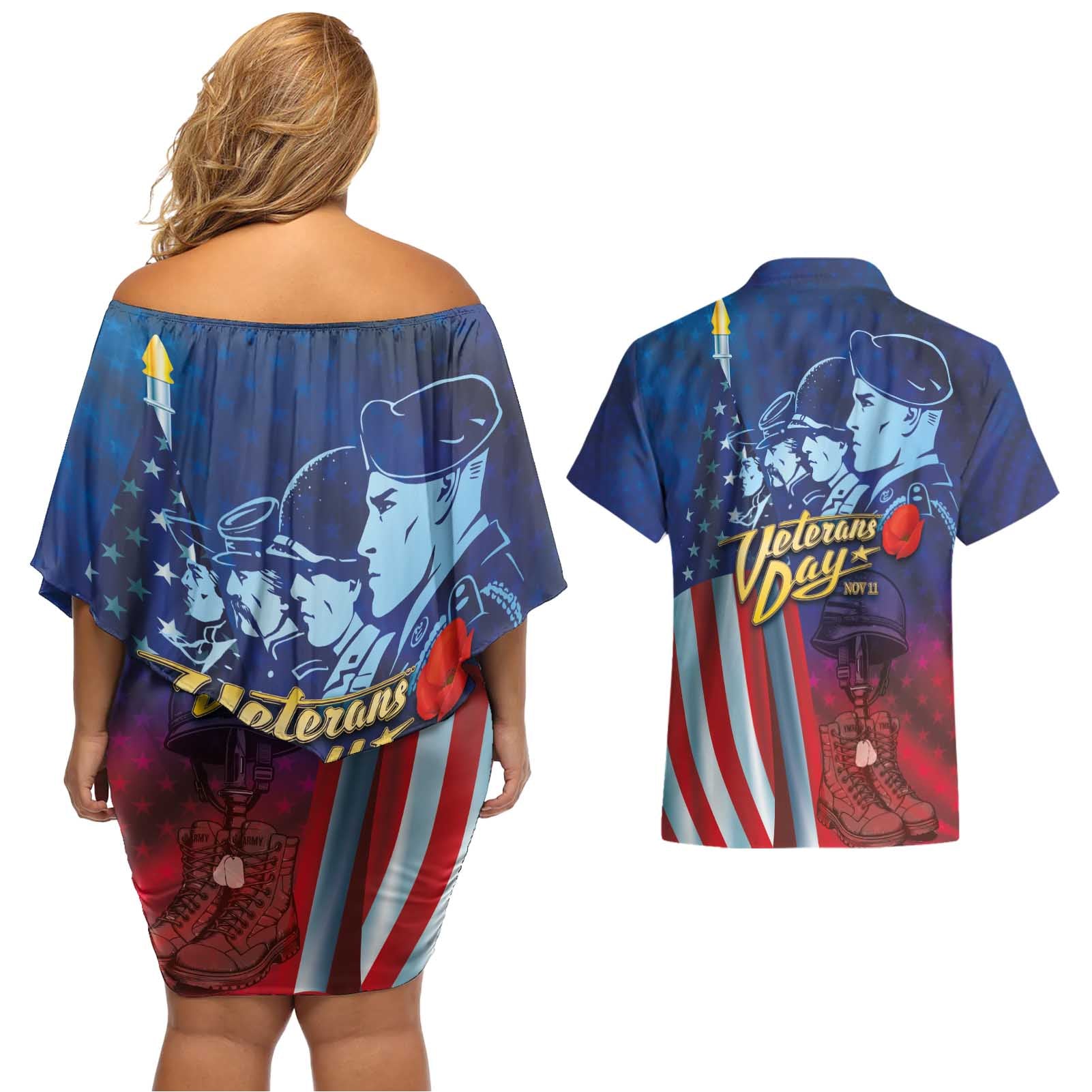 Veterans Day Military Never Forget Forever Honor Couples Matching Off Shoulder Short Dress and Hawaiian Shirt - Wonder Print Shop