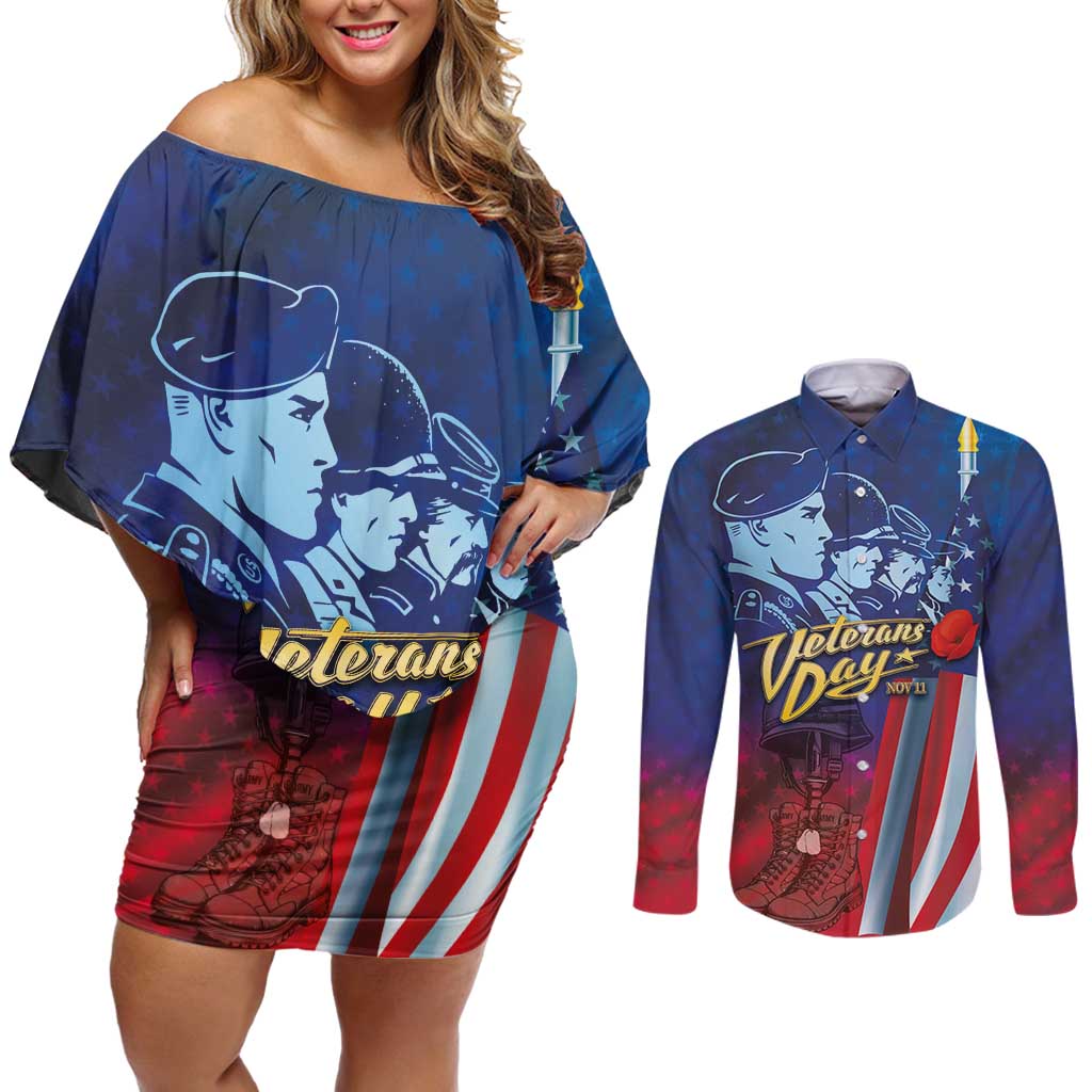 Veterans Day Military Never Forget Forever Honor Couples Matching Off Shoulder Short Dress and Long Sleeve Button Shirt - Wonder Print Shop