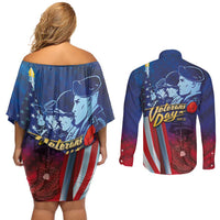 Veterans Day Military Never Forget Forever Honor Couples Matching Off Shoulder Short Dress and Long Sleeve Button Shirt - Wonder Print Shop