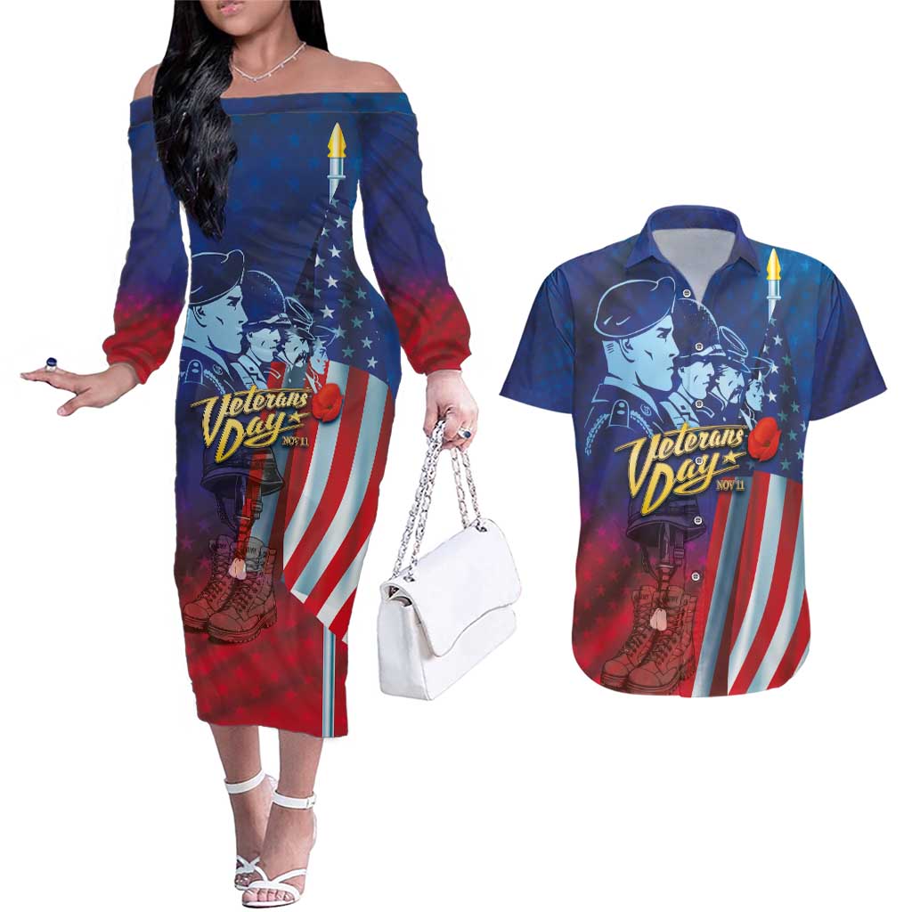 Veterans Day Military Never Forget Forever Honor Couples Matching Off The Shoulder Long Sleeve Dress and Hawaiian Shirt - Wonder Print Shop