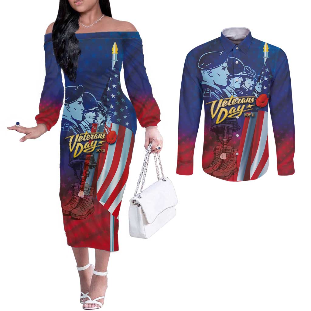 Veterans Day Military Never Forget Forever Honor Couples Matching Off The Shoulder Long Sleeve Dress and Long Sleeve Button Shirt
