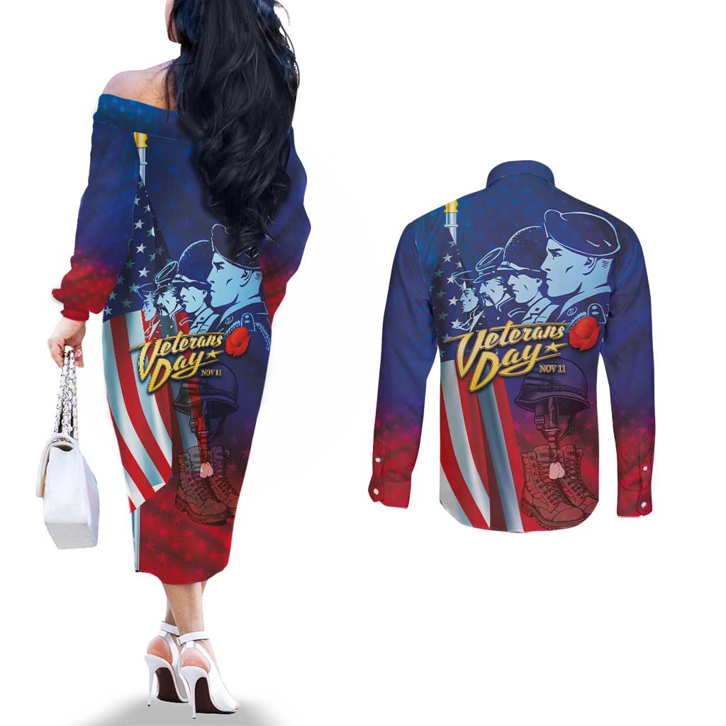 Veterans Day Military Never Forget Forever Honor Couples Matching Off The Shoulder Long Sleeve Dress and Long Sleeve Button Shirt
