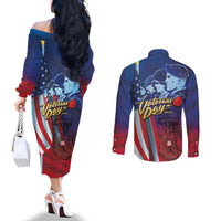 Veterans Day Military Never Forget Forever Honor Couples Matching Off The Shoulder Long Sleeve Dress and Long Sleeve Button Shirt