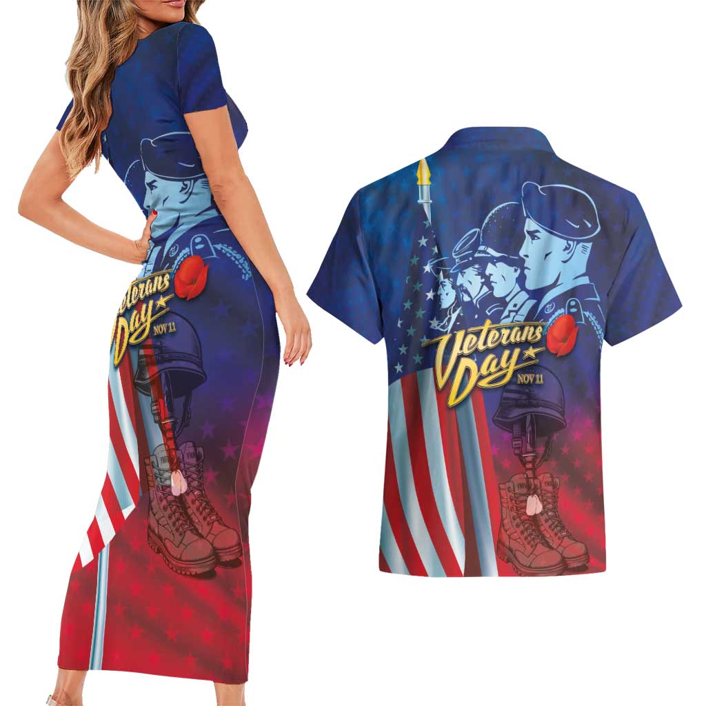 Veterans Day Military Never Forget Forever Honor Couples Matching Short Sleeve Bodycon Dress and Hawaiian Shirt - Wonder Print Shop