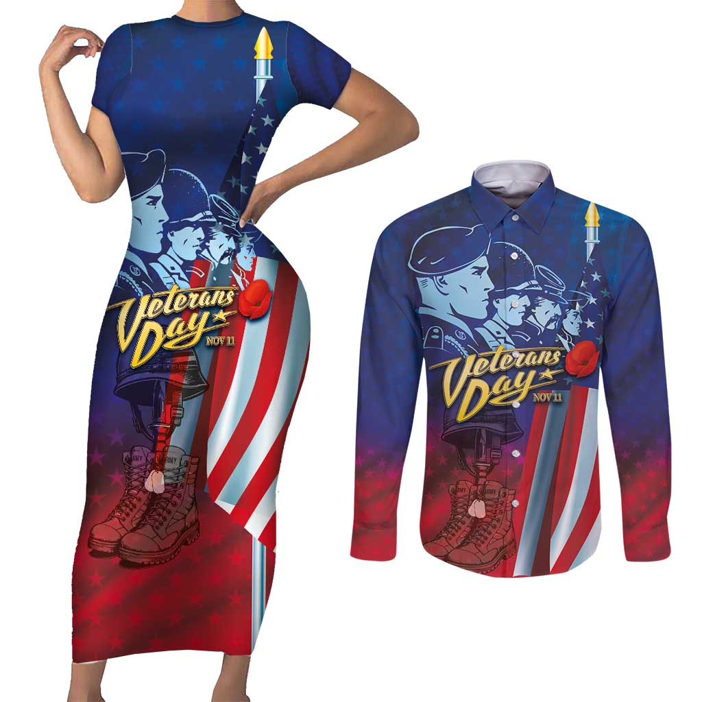 Veterans Day Military Never Forget Forever Honor Couples Matching Short Sleeve Bodycon Dress and Long Sleeve Button Shirt - Wonder Print Shop