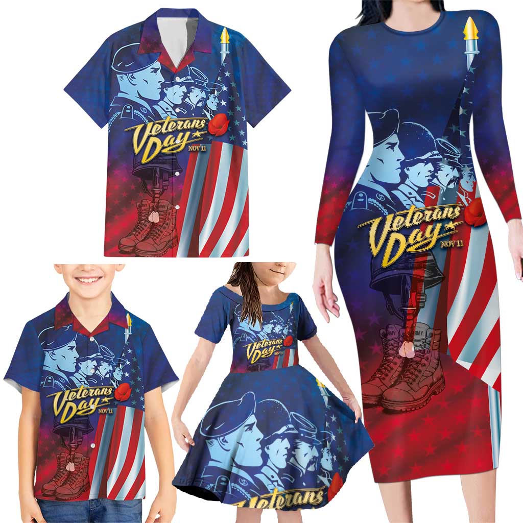 Veterans Day Military Never Forget Forever Honor Family Matching Long Sleeve Bodycon Dress and Hawaiian Shirt - Wonder Print Shop