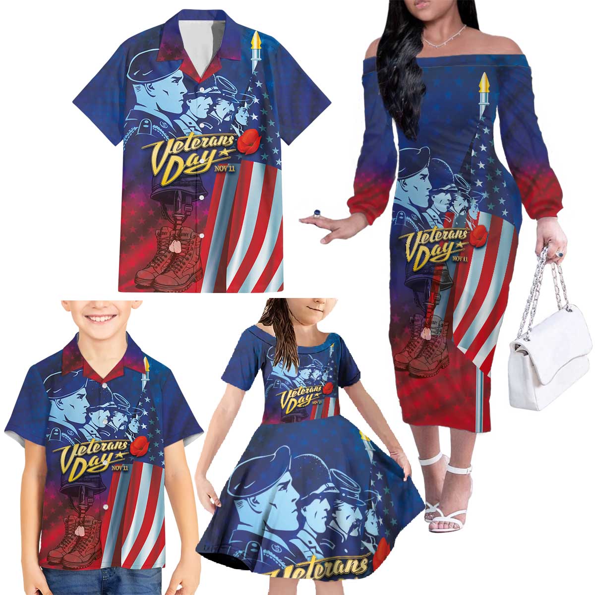 Veterans Day Military Never Forget Forever Honor Family Matching Off The Shoulder Long Sleeve Dress and Hawaiian Shirt - Wonder Print Shop