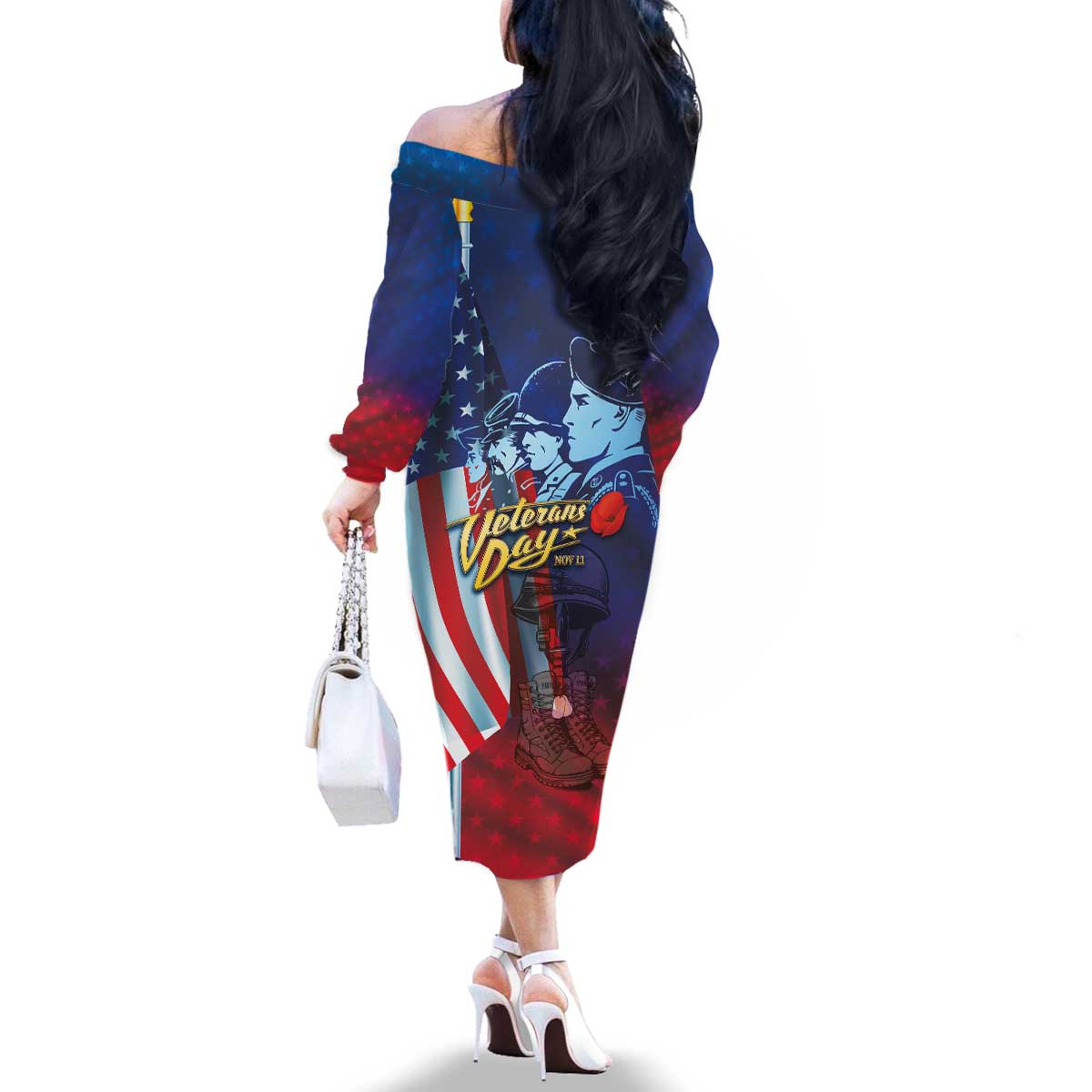 Veterans Day Military Never Forget Forever Honor Family Matching Off The Shoulder Long Sleeve Dress and Hawaiian Shirt - Wonder Print Shop