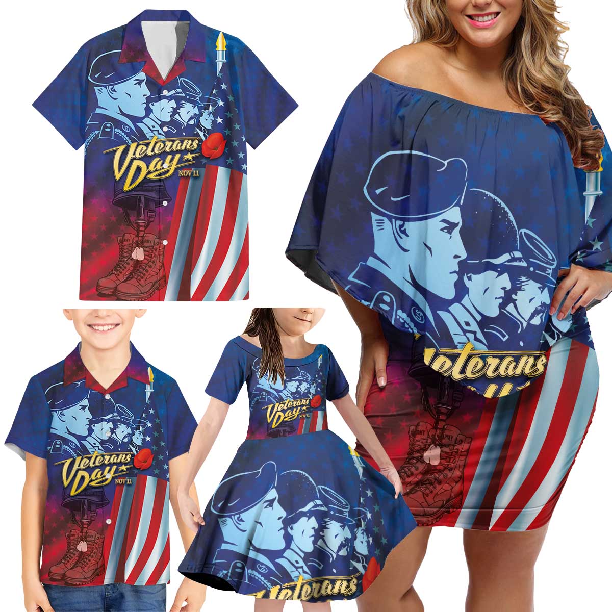 Veterans Day Military Never Forget Forever Honor Family Matching Off Shoulder Short Dress and Hawaiian Shirt - Wonder Print Shop