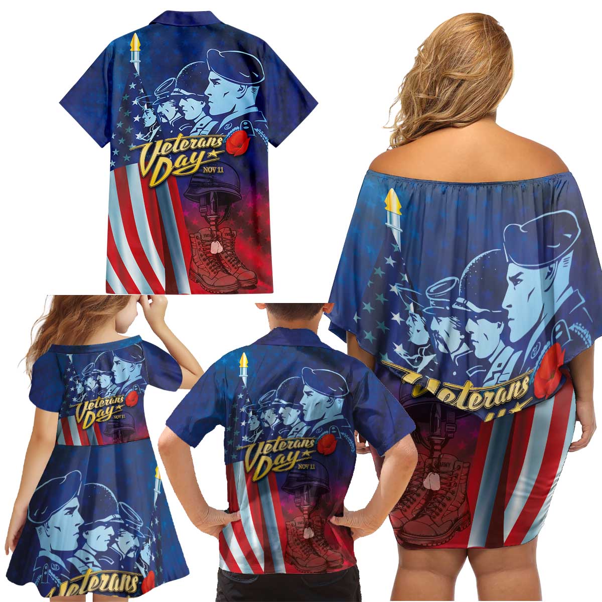 Veterans Day Military Never Forget Forever Honor Family Matching Off Shoulder Short Dress and Hawaiian Shirt - Wonder Print Shop