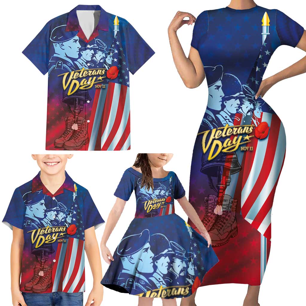 Veterans Day Military Never Forget Forever Honor Family Matching Short Sleeve Bodycon Dress and Hawaiian Shirt - Wonder Print Shop