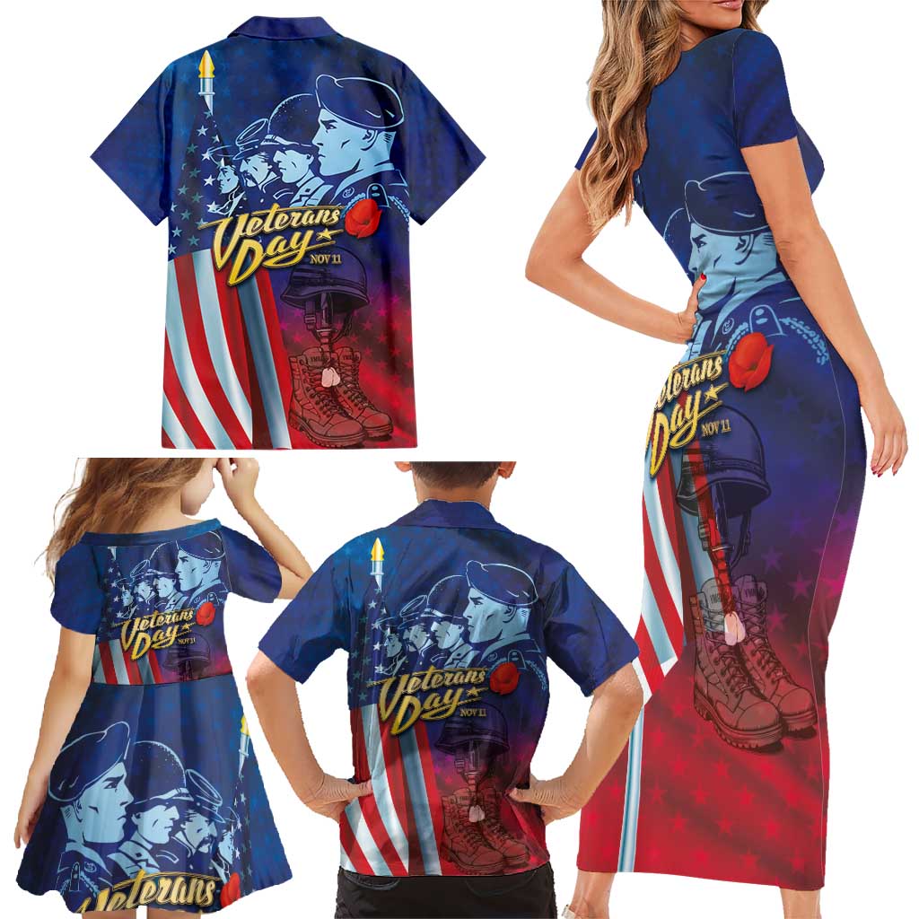 Veterans Day Military Never Forget Forever Honor Family Matching Short Sleeve Bodycon Dress and Hawaiian Shirt - Wonder Print Shop