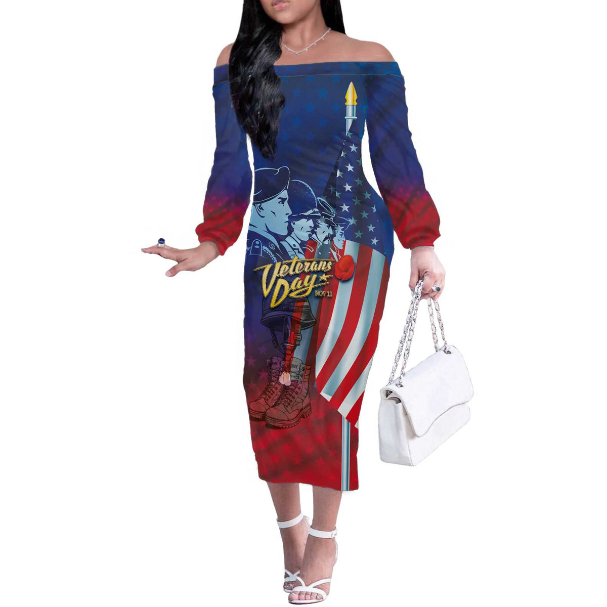 Veterans Day Military Never Forget Forever Honor Off The Shoulder Long Sleeve Dress - Wonder Print Shop