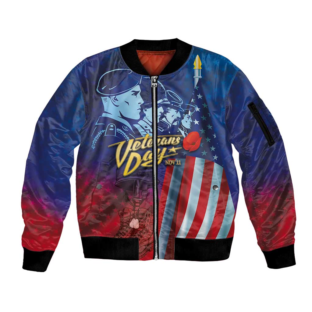 Veterans Day Military Never Forget Forever Honor Sleeve Zip Bomber Jacket - Wonder Print Shop