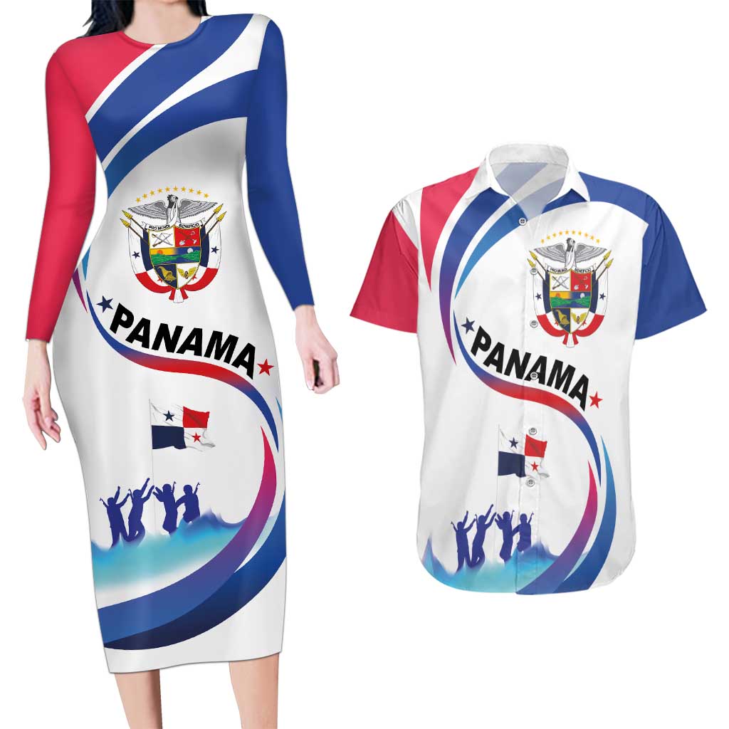 Panama Independence Day Couples Matching Long Sleeve Bodycon Dress and Hawaiian Shirt Coat of Arms and Freedom - Wonder Print Shop