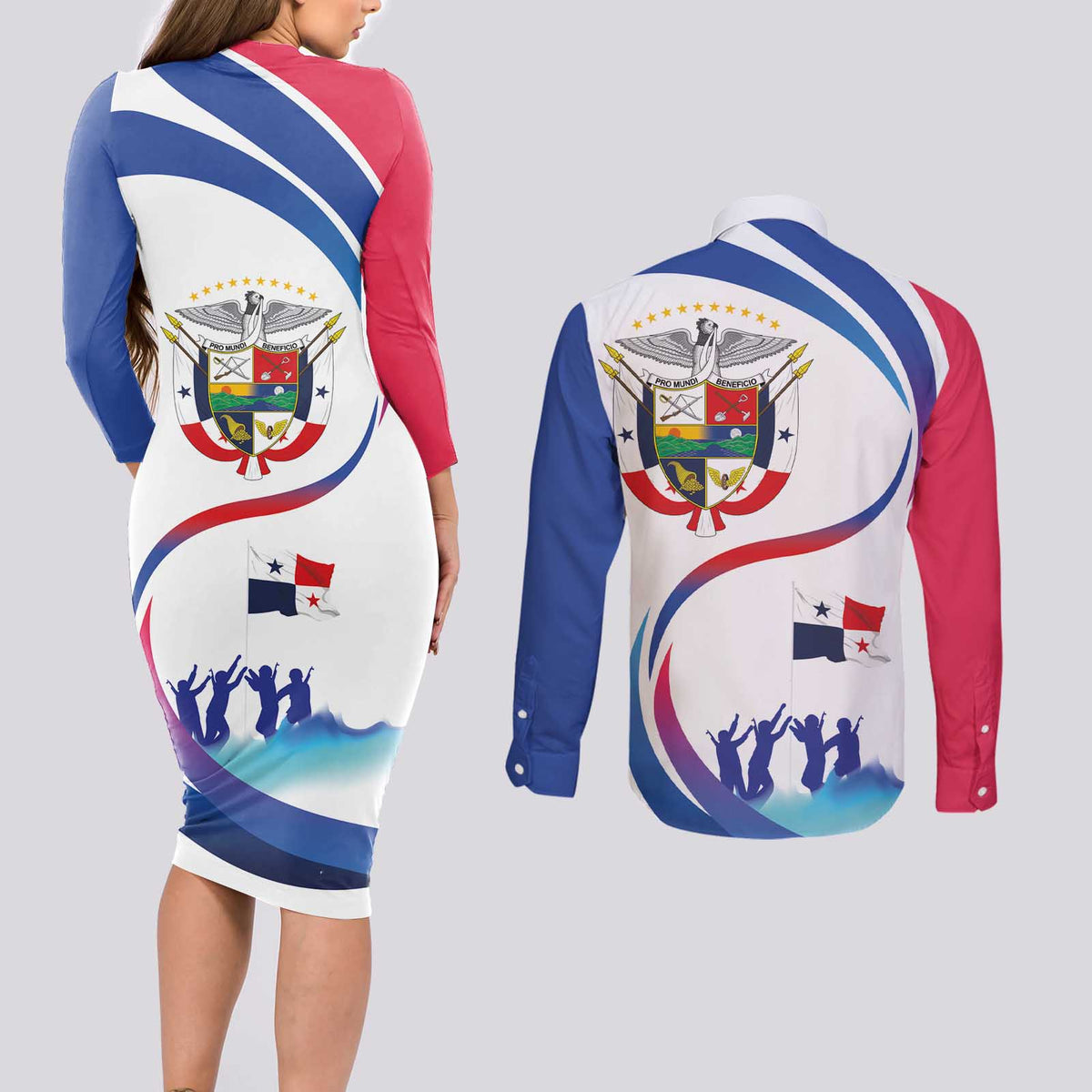 Panama Independence Day Couples Matching Long Sleeve Bodycon Dress and Long Sleeve Button Shirt Coat of Arms and Freedom - Wonder Print Shop